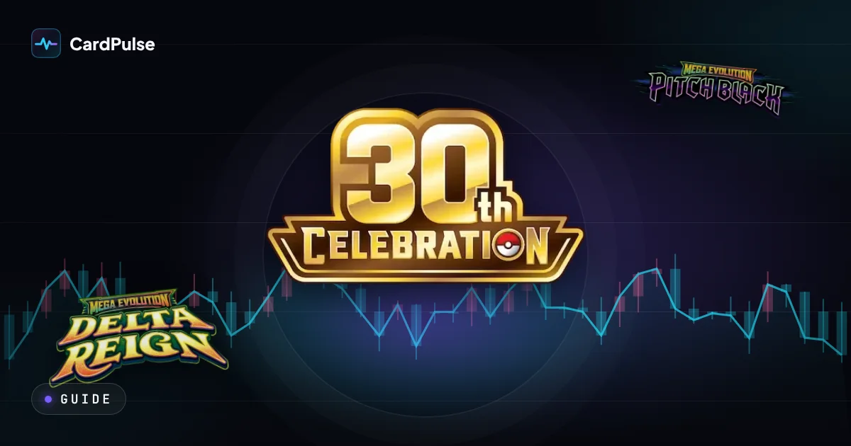 Pokémon TCG set logos in front of a CardPulse-style price chart
